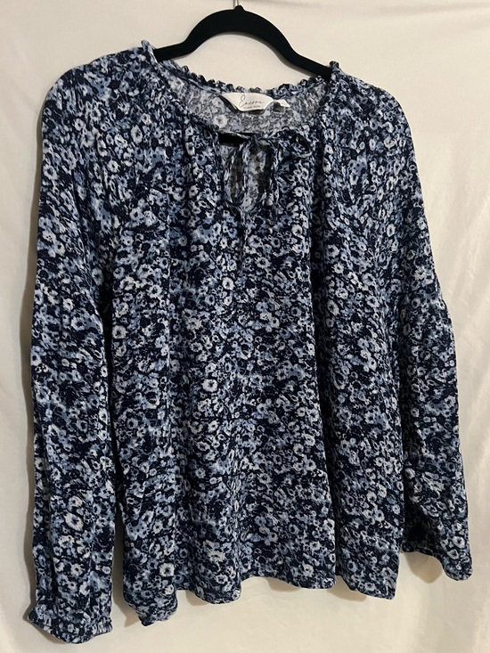 croft & barrow Tops - croft & barrow Navy and Light Blue Floral Peasant Blouse with Tie Neck